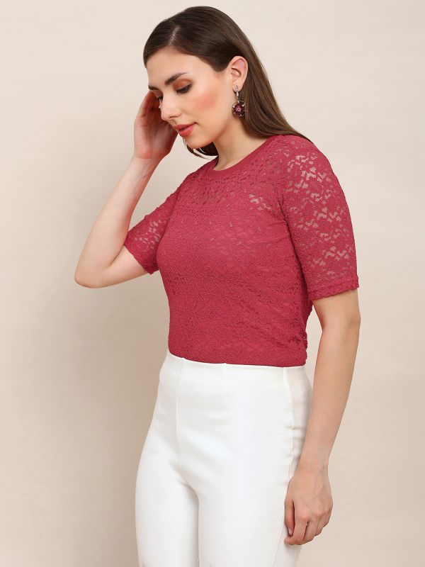 Globus Women Red Round Neck Self Design Floral Lace Party Top 
