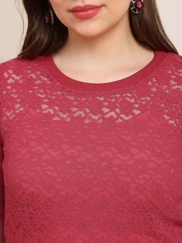 Globus Women Red Round Neck Self Design Floral Lace Party Top 