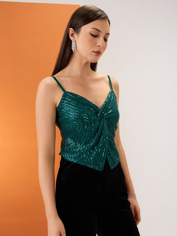 Globus Women Green Sweetheart Neck Shoulder Straps Twisted Detail Sequinned Party Top