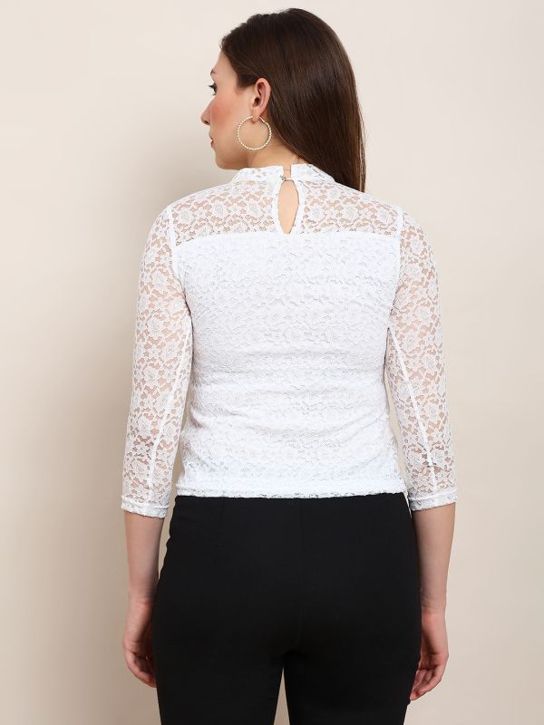 Globus Women White Round Neck Self Design Floral Lace Party Top