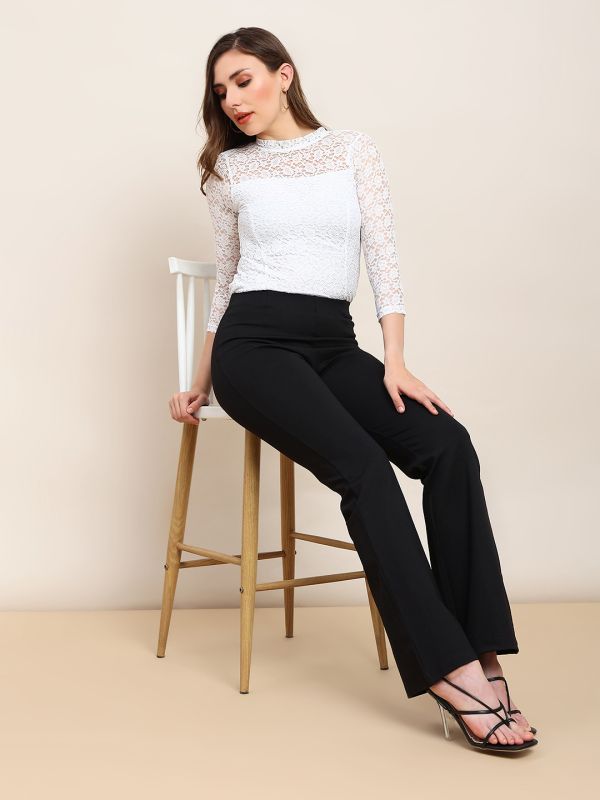 Globus Women White Round Neck Self Design Floral Lace Party Top
