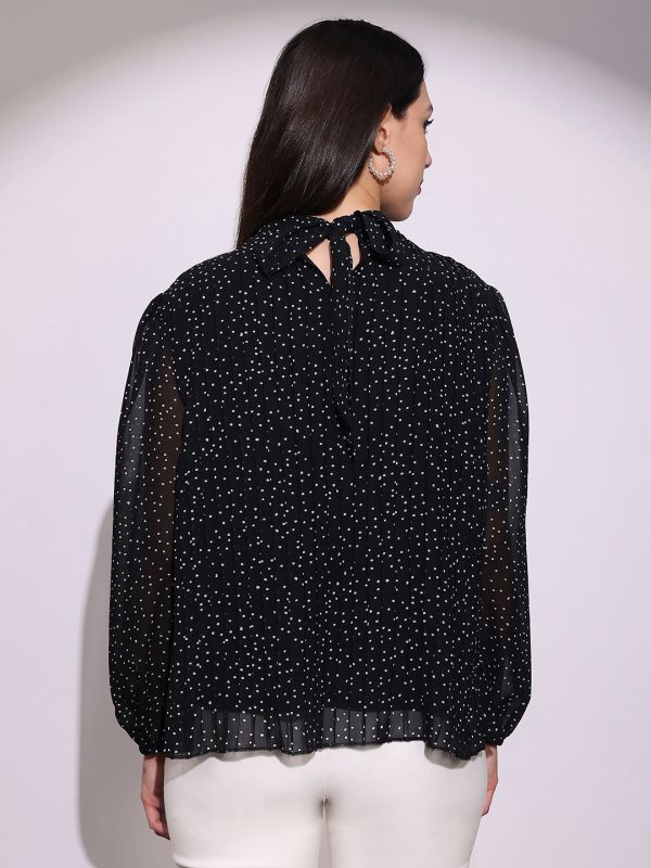 Globus Women Black Abstract Print High Neck Bishop Sleeves Back Tie-Up Detail Accordion Pleats Party Top