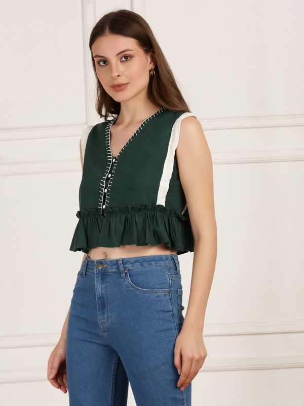 Globus Women Green V-Neck Sleeveless Thread Work Frill Detail Casual Wear Crop Top