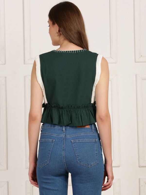 Globus Women Green V-Neck Sleeveless Thread Work Frill Detail Casual Wear Crop Top
