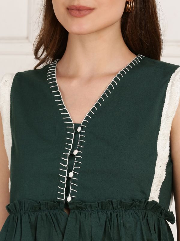 Globus Women Green V-Neck Sleeveless Thread Work Frill Detail Casual Wear Crop Top