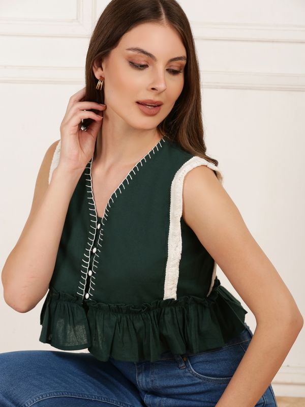 Globus Women Green V-Neck Sleeveless Thread Work Frill Detail Casual Wear Crop Top