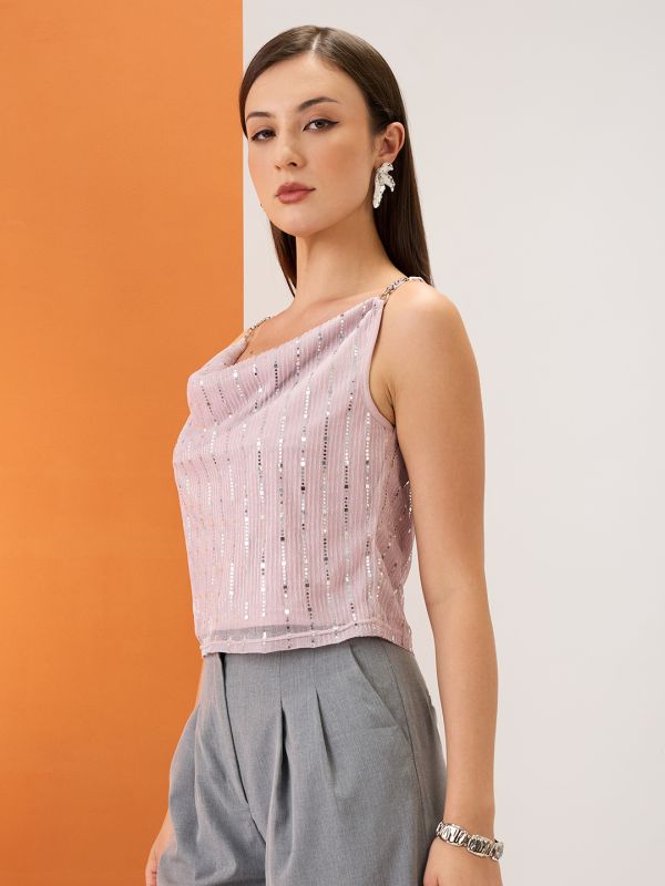 Globus Women Pink Cowl Neck Metal Shoulder Strap Sequinned Party Top