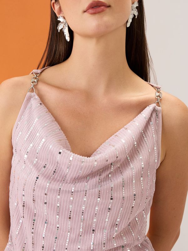 Globus Women Pink Cowl Neck Metal Shoulder Strap Sequinned Party Top