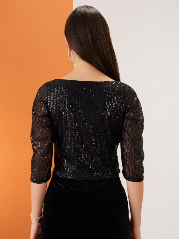 Globus Women Black Sweetheart Neck Ruched Sleeves Twisted Detail Sequinned Party Crop Top