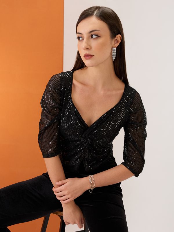 Globus Women Black Sweetheart Neck Ruched Sleeves Twisted Detail Sequinned Party Crop Top