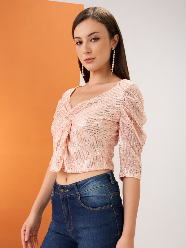 Globus Women Champagne Sweetheart Neck Ruched Sleeves Twisted Detail Sequinned Party Crop Top