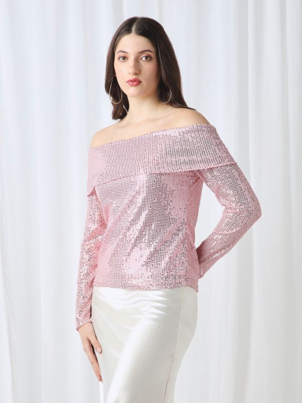 Globus Women Pink Off Shoulder Long Sleeves Embellished Party Top