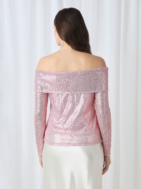 Globus Women Pink Off Shoulder Long Sleeves Embellished Party Top