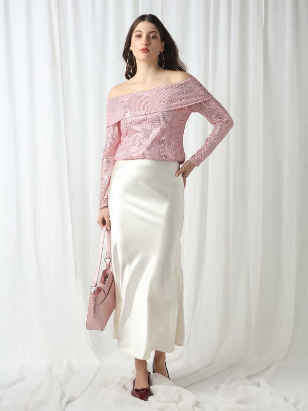 Globus Women Pink Off Shoulder Long Sleeves Embellished Party Top