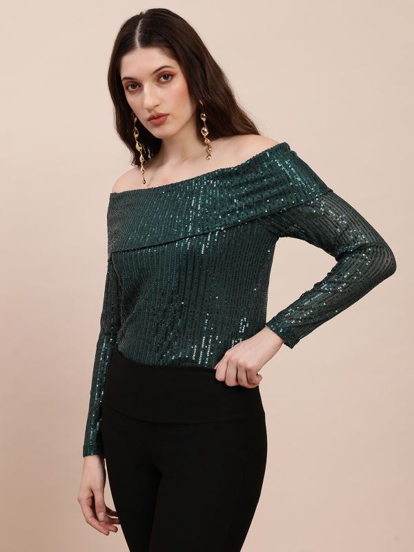 Globus Women Green Off Shoulder Long Sleeves Sequinned Party Top