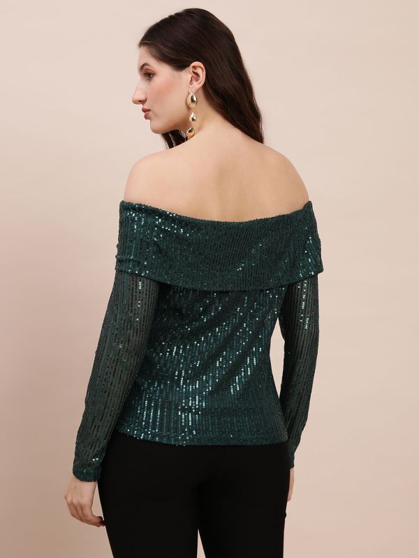 Globus Women Green Off Shoulder Long Sleeves Sequinned Party Top