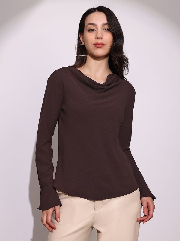Globus Women Brown Cowl Neck Flared Sleeves Curved Hem Party Top