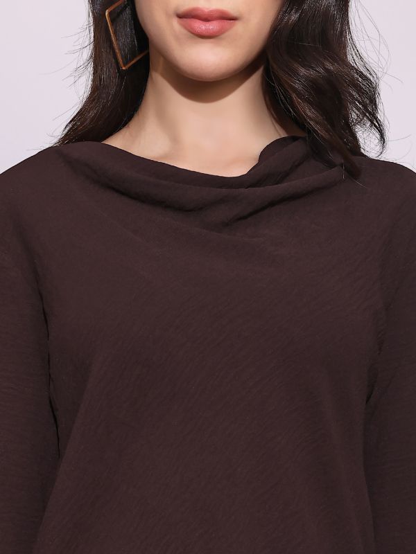 Globus Women Brown Cowl Neck Flared Sleeves Curved Hem Party Top