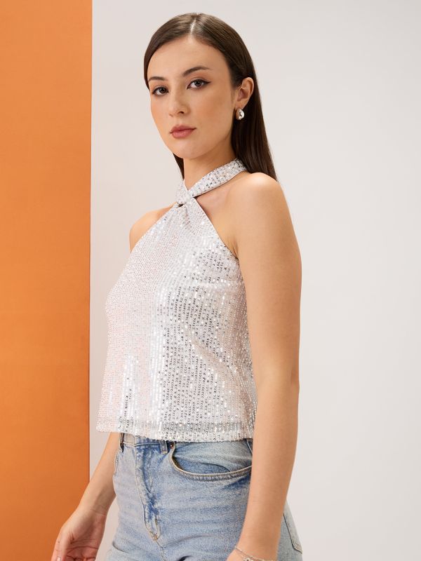 Globus Women White Halter Neck Twisted Detail Sequinned Party Top