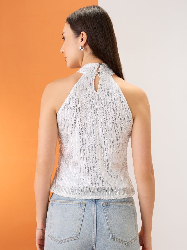 Globus Women White Halter Neck Twisted Detail Sequinned Party Top