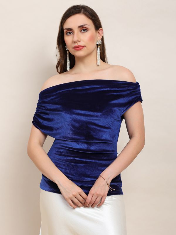 Globus Women Blue One Shoulder Gathered Detail Velvet Party Top
