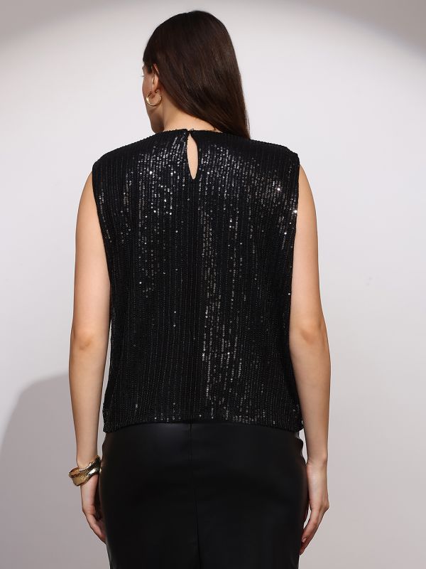Globus Women Black Sequinned Embellished Round Neck Sleeveless Party Top