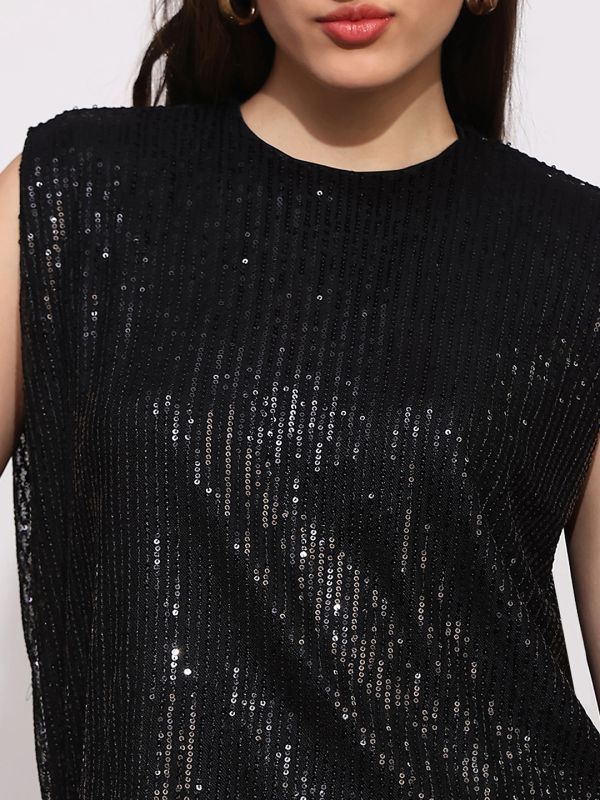 Globus Women Black Sequinned Embellished Round Neck Sleeveless Party Top
