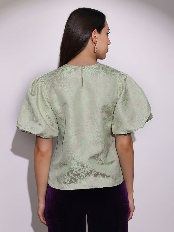 Globus Women Green Round Neck Balloon Sleeves Floral Brocade Party Top