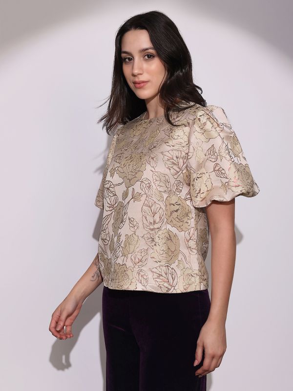 Globus Women Pink Round Neck Balloon Sleeves Floral Brocade Party Top