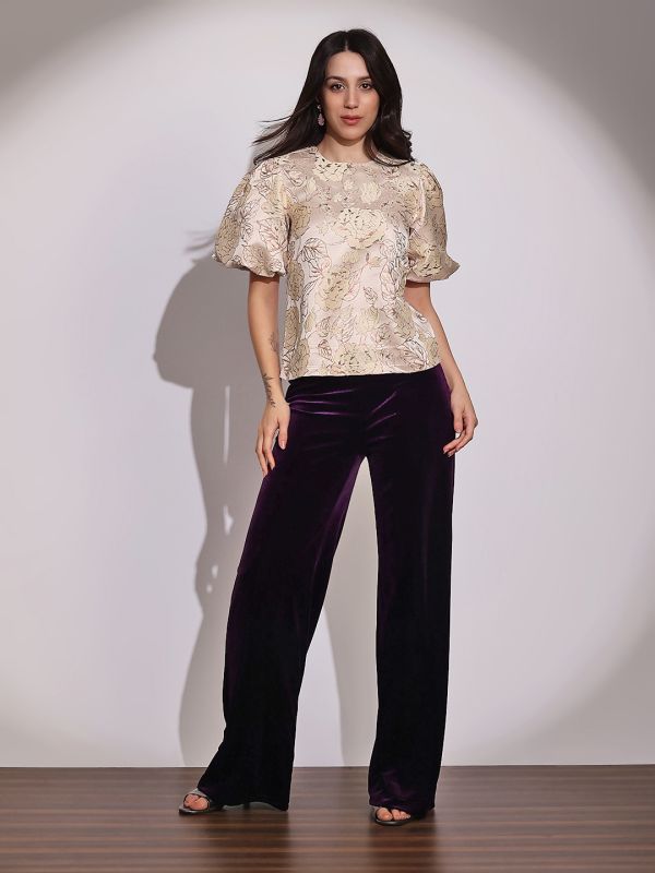 Globus Women Pink Round Neck Balloon Sleeves Floral Brocade Party Top
