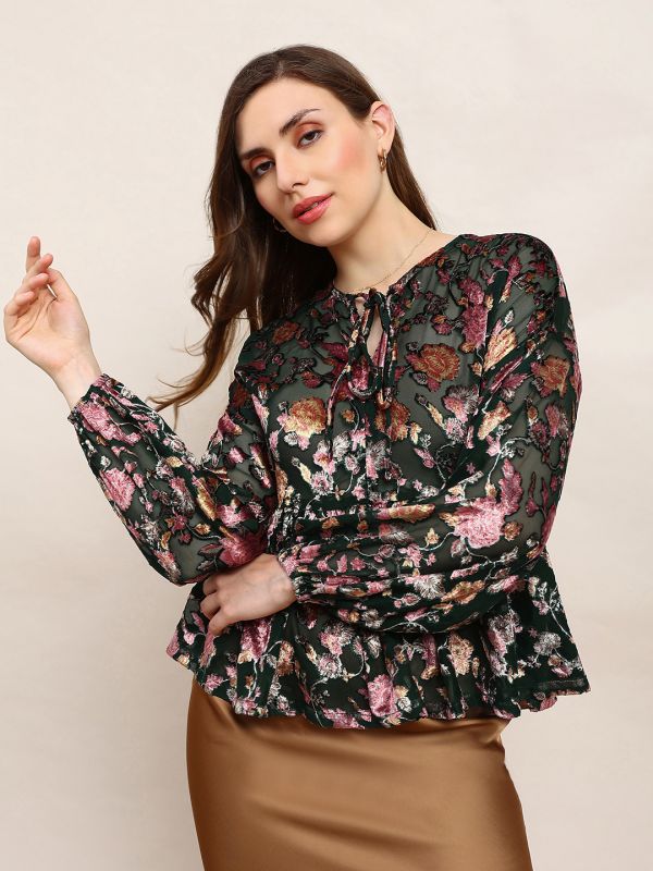 Globus Women Green Floral Self Design Tie-Up Neck Bishop Sleeves Peplum Party Top