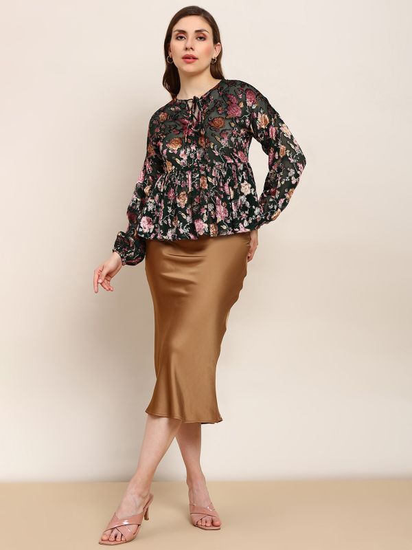 Globus Women Green Floral Self Design Tie-Up Neck Bishop Sleeves Peplum Party Top