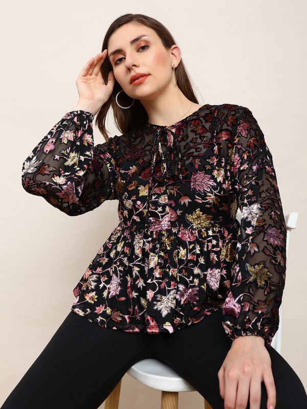 Globus Women Black Floral Self Design Tie-Up Neck Bishop Sleeves Peplum Party Top