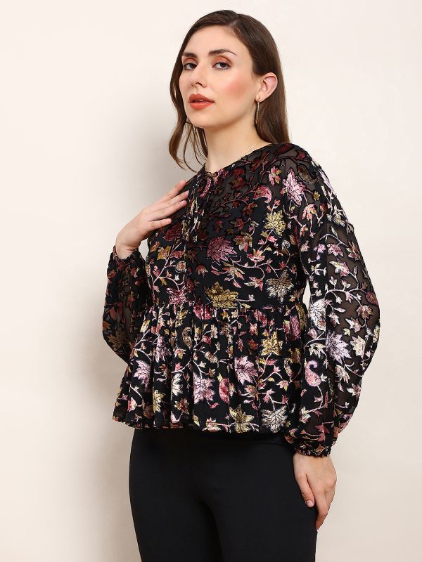 Globus Women Black Floral Self Design Tie-Up Neck Bishop Sleeves Peplum Party Top