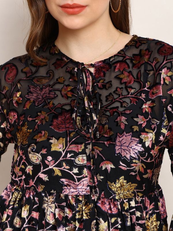 Globus Women Black Floral Self Design Tie-Up Neck Bishop Sleeves Peplum Party Top