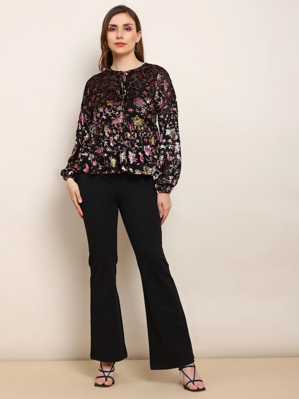 Globus Women Black Floral Self Design Tie-Up Neck Bishop Sleeves Peplum Party Top
