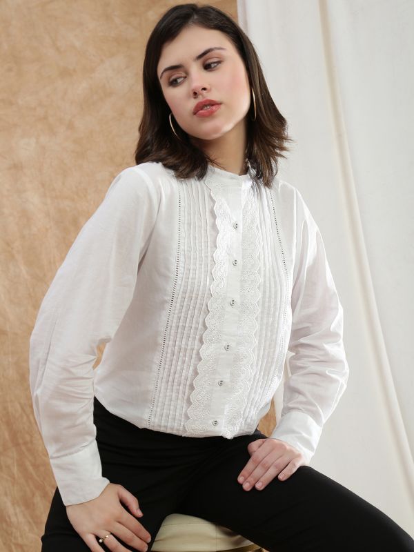 Globus Women White Band Collar Cuffed Sleeve Schiffli Lace Detail Pleated Shirt