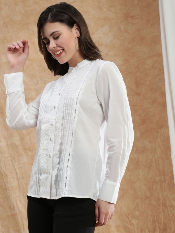Globus Women White Band Collar Cuffed Sleeve Schiffli Lace Detail Pleated Shirt