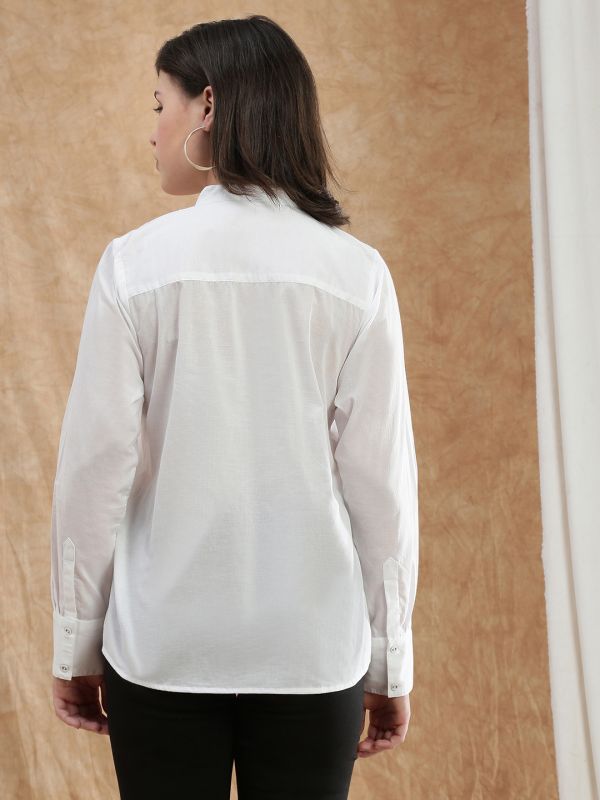 Globus Women White Band Collar Cuffed Sleeve Schiffli Lace Detail Pleated Shirt