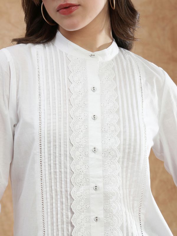 Globus Women White Band Collar Cuffed Sleeve Schiffli Lace Detail Pleated Shirt