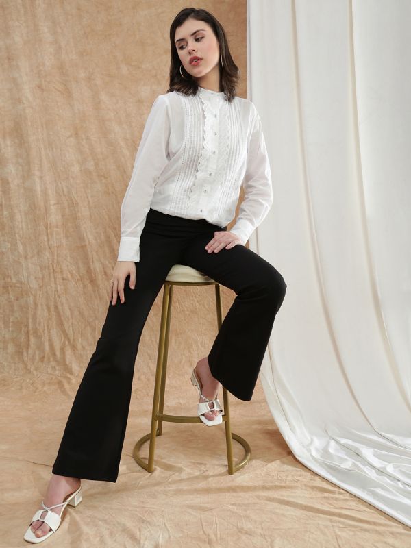 Globus Women White Band Collar Cuffed Sleeve Schiffli Lace Detail Pleated Shirt