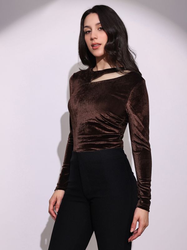 Globus Women Brown Round Neck Long Sleeves Cut-Out Detail Gathered & Pleated Velvet Party Top