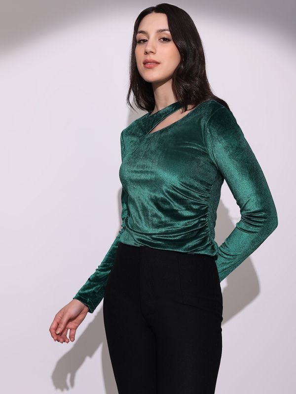 Globus Women Teal Round Neck Long Sleeves Cut-Out Detail Gathered & Pleated Velvet Party Top