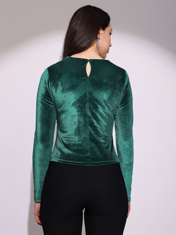 Globus Women Teal Round Neck Long Sleeves Cut-Out Detail Gathered & Pleated Velvet Party Top