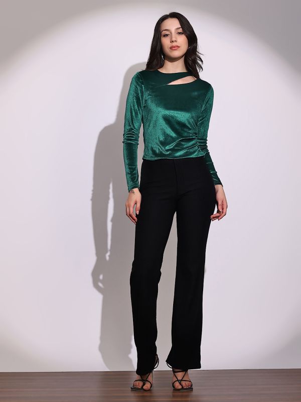 Globus Women Teal Round Neck Long Sleeves Cut-Out Detail Gathered & Pleated Velvet Party Top