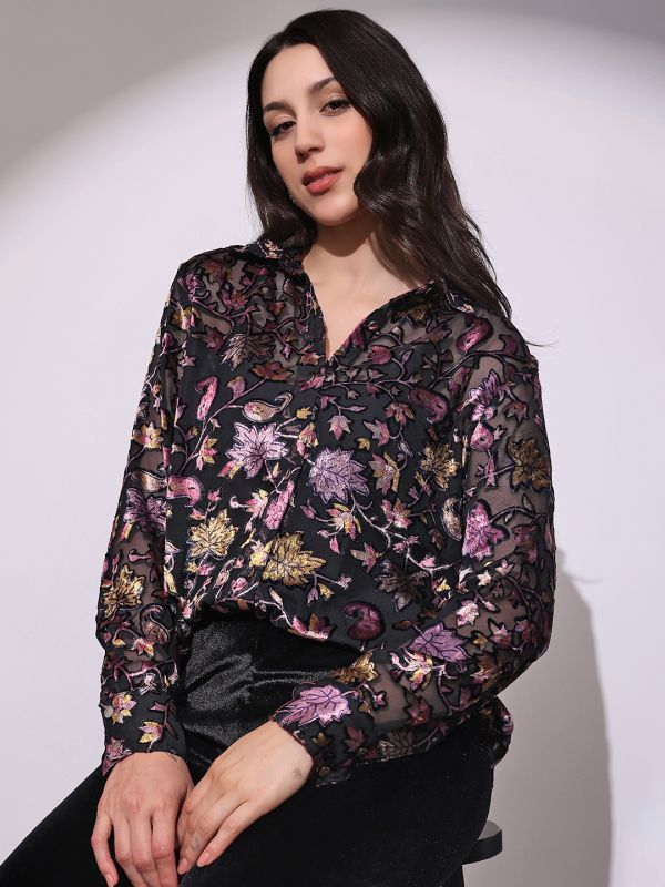 Globus Women Black Floral Self Design Collared Neck Cuffed Sleeves Curved Hem Party Shirt