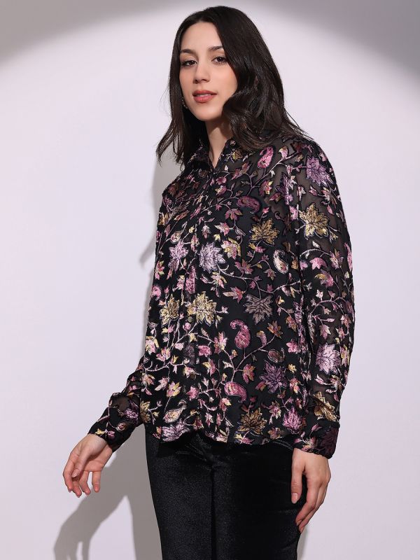 Globus Women Black Floral Self Design Collared Neck Cuffed Sleeves Curved Hem Party Shirt