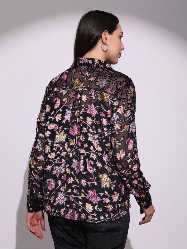 Globus Women Black Floral Self Design Collared Neck Cuffed Sleeves Curved Hem Party Shirt