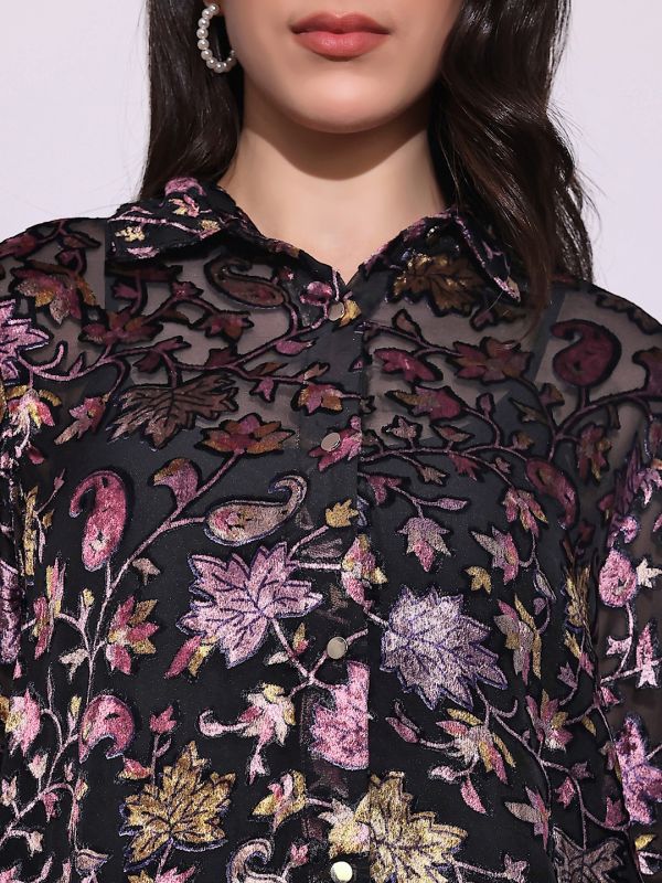 Globus Women Black Floral Self Design Collared Neck Cuffed Sleeves Curved Hem Party Shirt