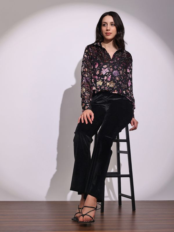 Globus Women Black Floral Self Design Collared Neck Cuffed Sleeves Curved Hem Party Shirt